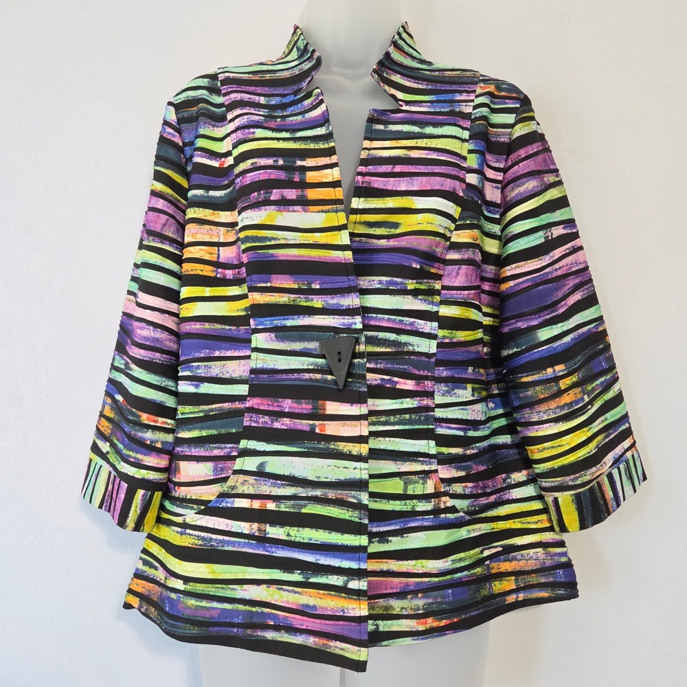 IC by Connie K Blazer Top Womens L Multicolor Striped Abstract Artsy 90s Retro